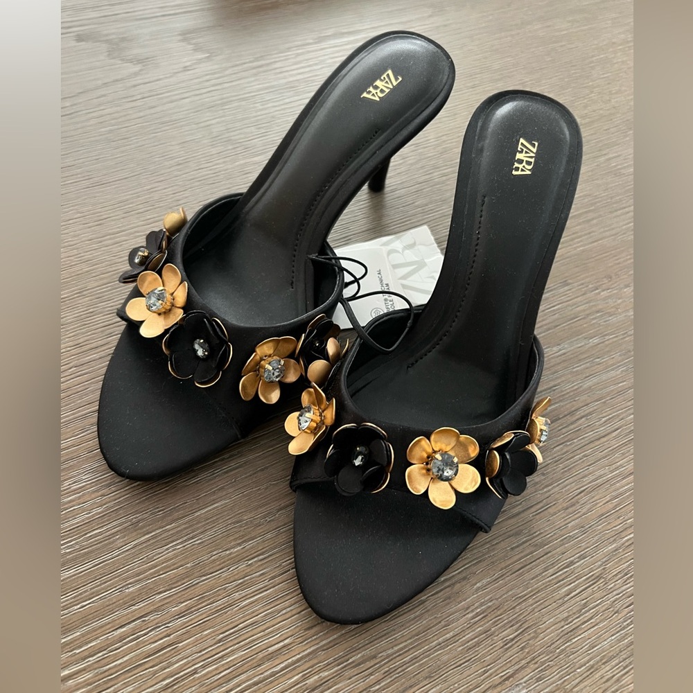 Zara Elegant Black and Gold Floral Heels